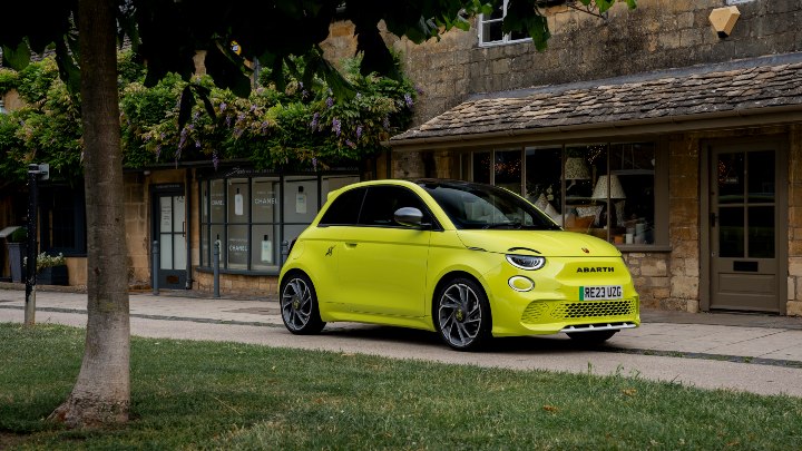 Exterior Front of Acid Green Abarth 500e Static