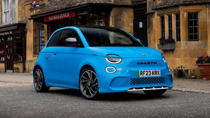 Blue Fiat Abarth 500e Front Static