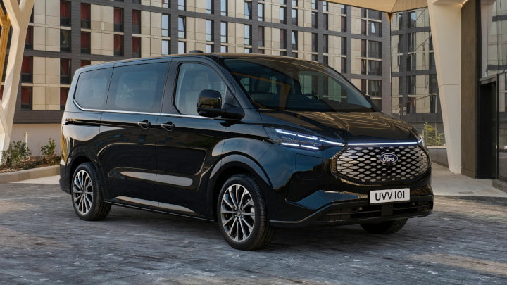 Black Ford Tourneo Custom Exterior Front in Urban Area