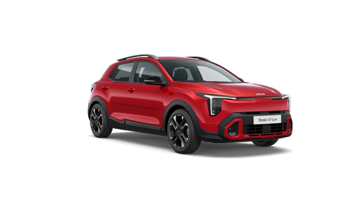 Red Kia Stonic GT‑Line compact SUV shown from a front three‑quarter angle on a white background