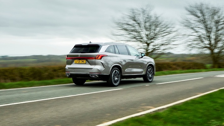 MG S9 PHEV driving rear silver